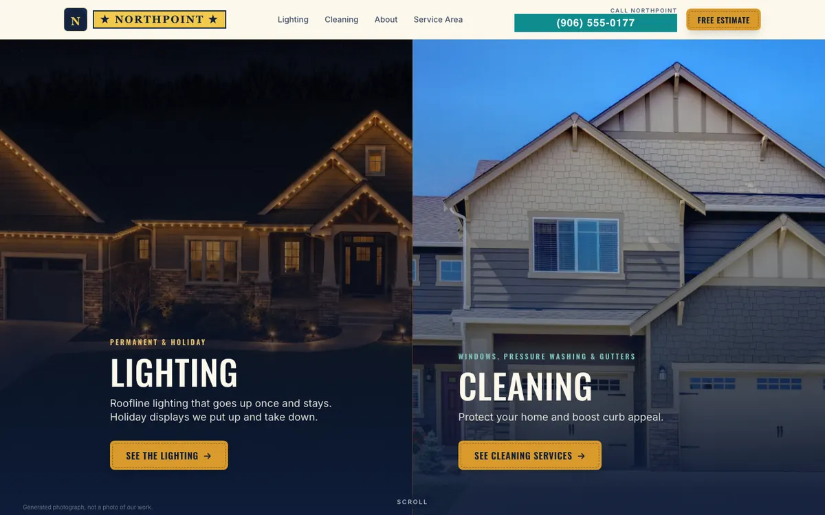 Home page of the exterior cleaning and lighting website on a computer