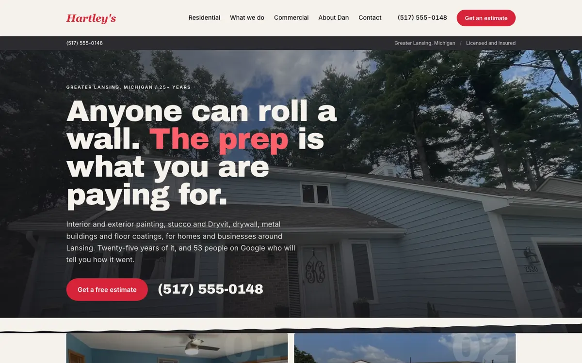 Home page of the house painter website on a computer
